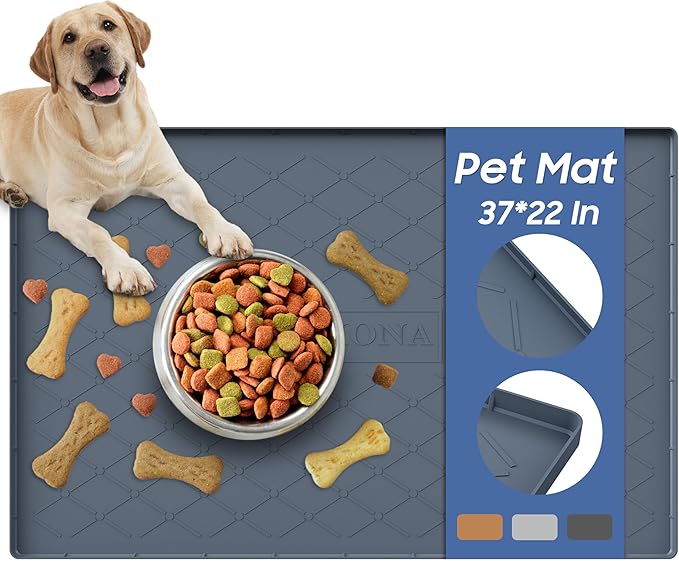 URMONA Large Dog Food Mat, 37" x 22" Pet Food Mat, Waterproof Dog Cat Food Mat with Raised Edges, Silicone Pet Food Mat, Dog Accessories, Prevents Food Spills, Protects Floors, Easy to Clean Fast