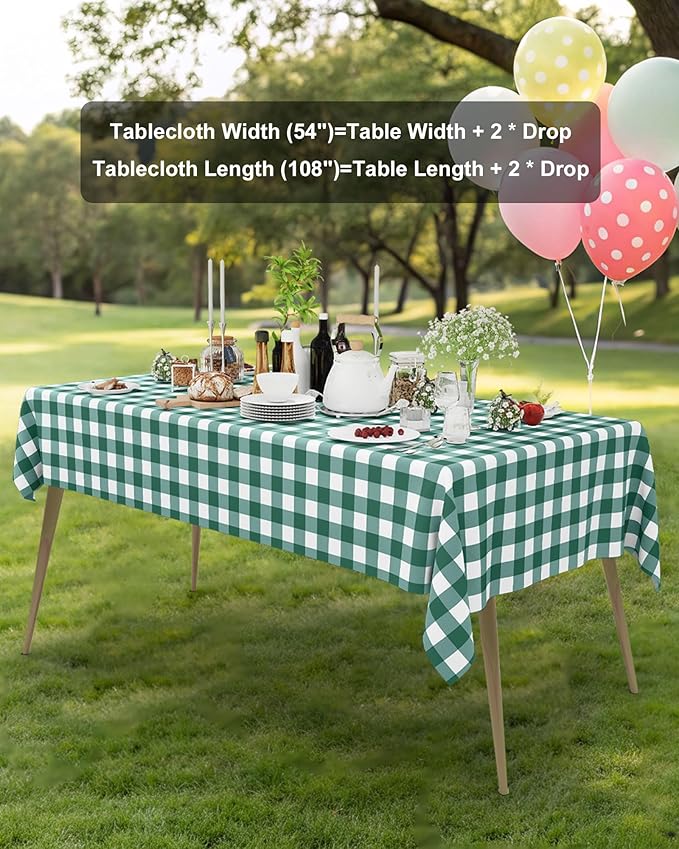 Smiry 8 Packs Gingham Disposable Table Cloth, 54 x 108 Inch Waterproof Plastic Tablecloth, Rectangle Hunter Green and White Checkered Table Covers for Picnic, Birthday, Party
