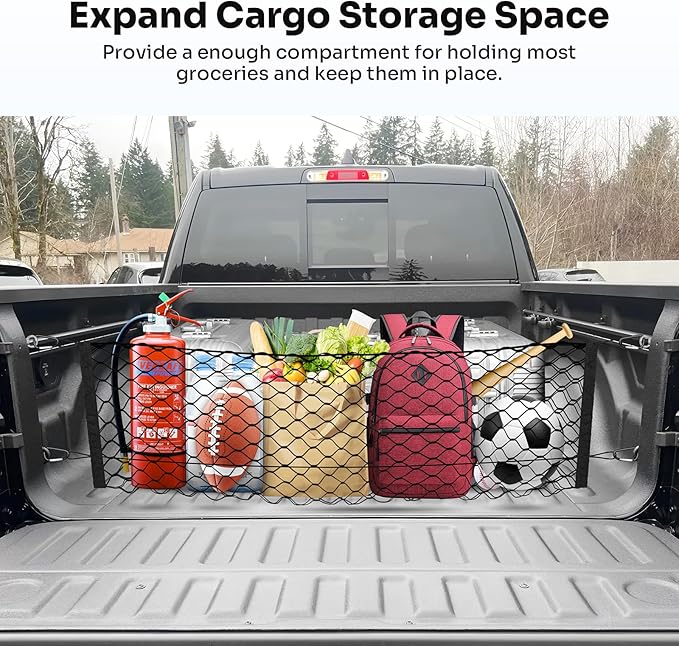 Truck Bed Cargo Net for 2019-2025 2026 Dodge Ram 1500 Accessories Envelope Style Mesh Trunk Net Organizer and Storage Stretchable Adjustable Elastic Nylon Rear Cargo Netting with Hooks