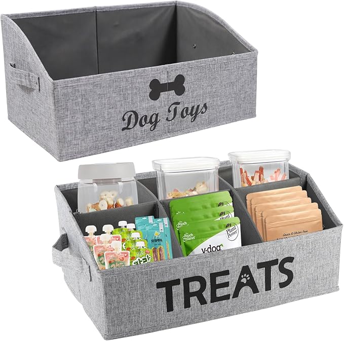 Brabtod 2pack Dog Storage Organizer,Trapezoid Dog Toy Basket,Dog Treat Container with handle,Collapsible Fabric Storage Box for Dog Toys and Dog Treats,Dog Treat Station with removable dividers-Grey
