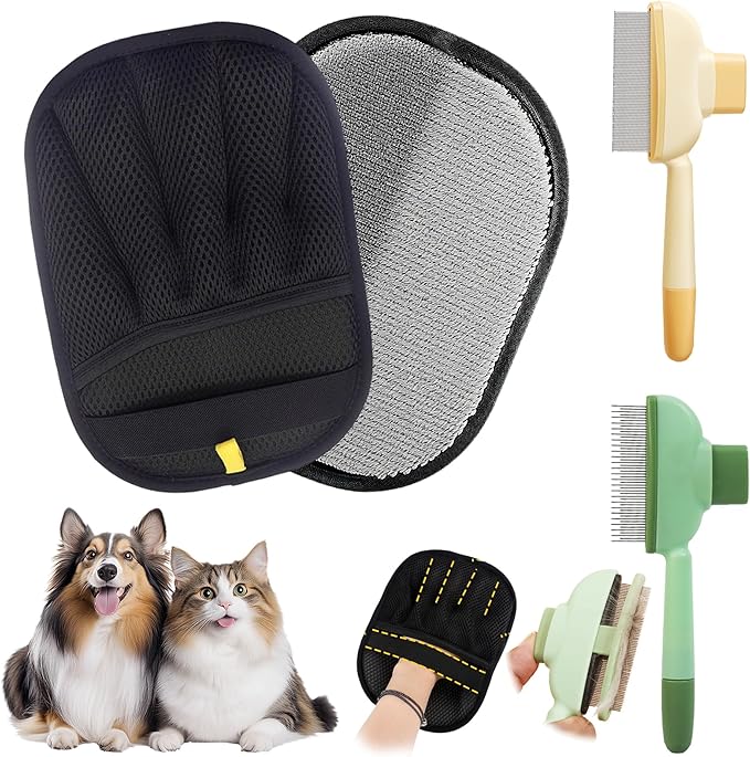 Electrostatic Pet Hair Remover Glove 5-Finger 2x Pack and Self Cleaning Pet Flea Comb Grooming Brush - Furniture& Car Hair Removal Kit Deep & Surface Hair Care (2-Gloves（Black）& 2-Combs(Green,Yellow))