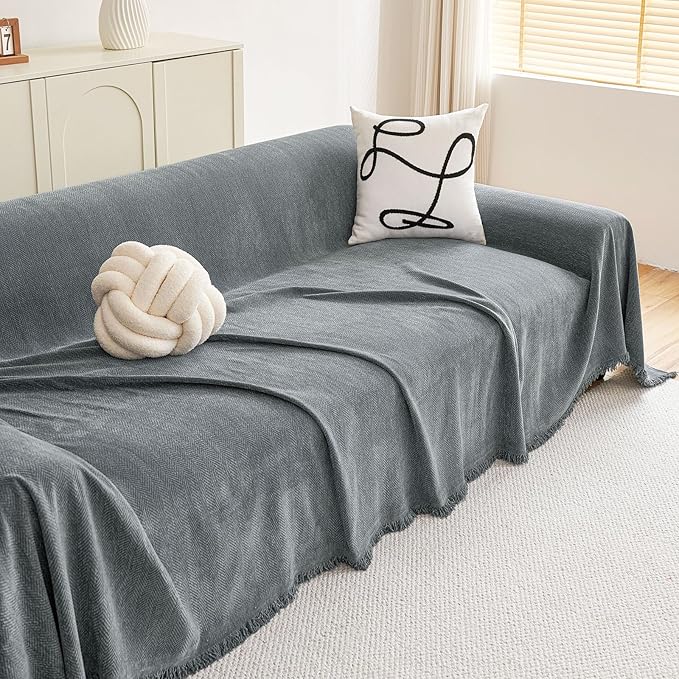 hyha Couch Cover for Dogs, Boho Sofa Covers for 3 Cushion Couch Washable, Chenille Sofa Slipcover for Pets, Soft Loveseat Sectional Couch Throw Blankets with Tassels (Grey, 71x102 Inch)