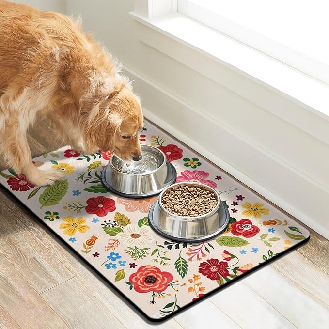 Eco-Friendly Pet Supplies: Absorbent Quick Dry Cat & Dog Food Mat, 12"x20"
