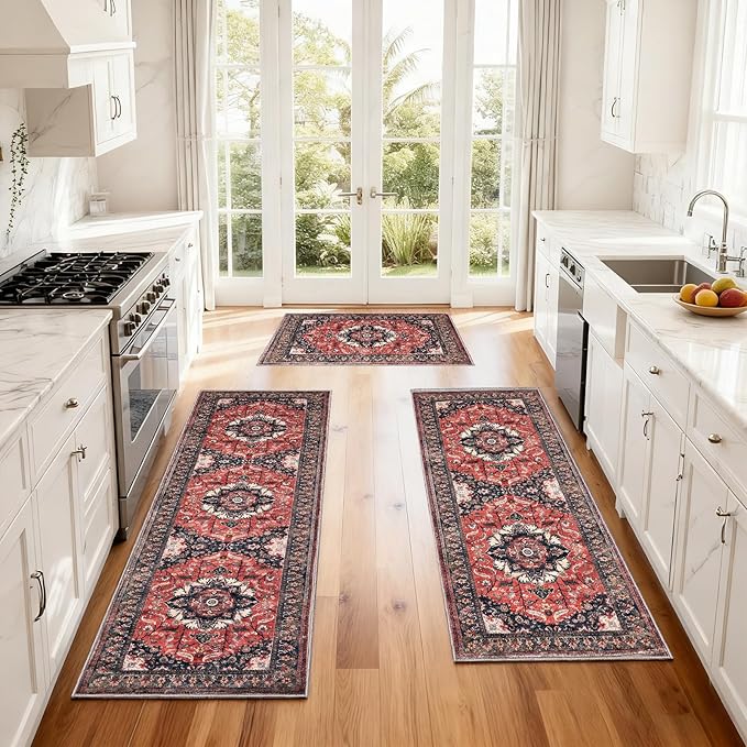 Kitchen Rug Set 3Pcs, Boho Rug Sets Non Slip Washable for Floor Thick Farmhouse Kitchen Decor Runner Rugs for Kitchen, Entryway, Laundry, Hallways 20''x32''+20''x48''+20''x59''