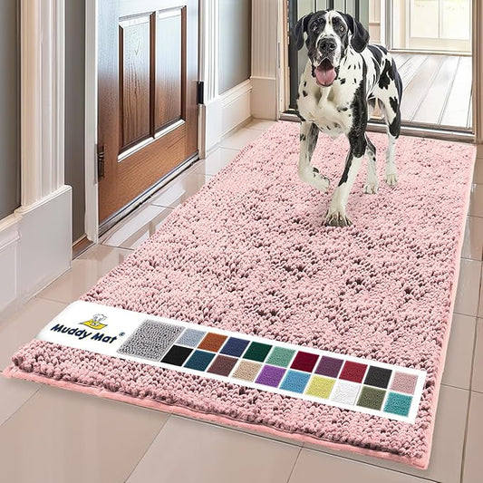 Muddy Mat® | Super Absorbent Door Mat Indoor, Microfiber Quick Dry Chenille Entryway Rug, Non-Slip Front Door Mat, Indoor Mats for Entryway, Machine Washable Pet Rug, Light Pink 24" x 96"