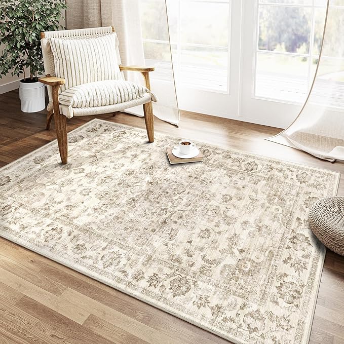 4x6 Washable Neutral Area Rug Beige Vintage Entryway Office Carpet Non-Slip Soft Low Pile Farmhouse Indoor Throw Rug for Living Room Bathroom Dining Room