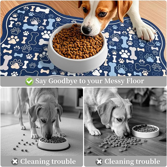 Dog & Cat Food Mat Bone Shaped Pet Feeding Mat Quick Absorb Water Bowl Placemat with Rubber Backing Indoor Floor Stain Resistant Pet Accessory Supplies (Blue, 17x29 Inches)