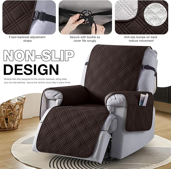 TAOCOCO 100% Waterproof Recliner Chair Cover, Oversized Recliner Covers for Large Recliner Chair with Double Straps, Non Slip Reclining Chair Cover for Kids, Pets(Oversized Recliner, Coffee)
