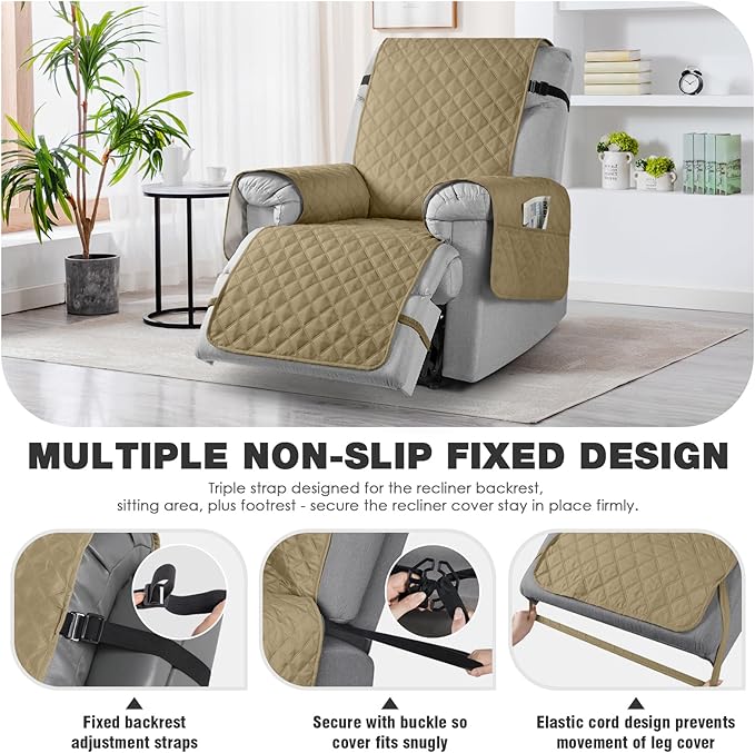 TAOCOCO 100% Waterproof Recliner Chair Cover Non-Slip Reclining Cover for Recliner Chair Washable Chair Seat Cover with Elastic Straps for Pets Sofa Slipcover with Pocket (Oversized 28'', Camel)
