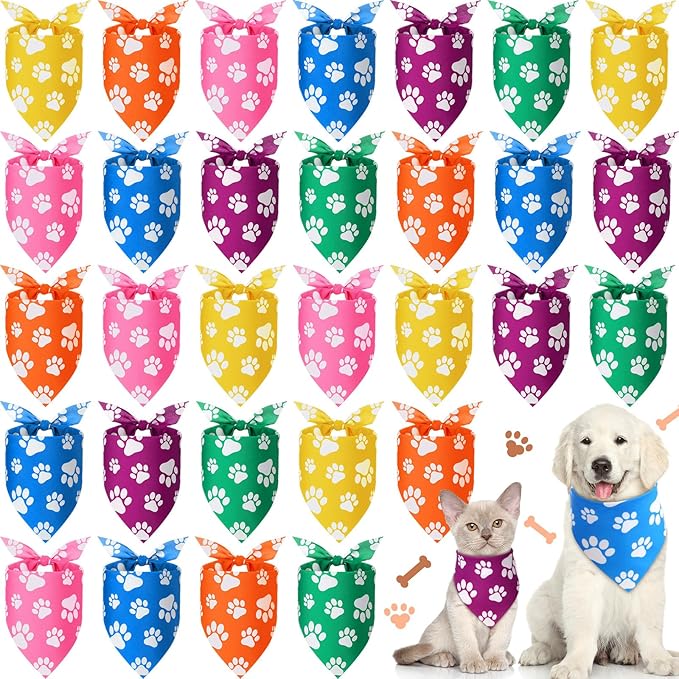 Sanwuta 30 Pcs Colorful Paw Print Dog Bandanas Bulk Rainbow Footprint Bandanas for Dogs Triangle Kerchief Bib Scarf for Pet Party Costume Photo Props Daily Accessories Pet Shops Grooming, 6 Colors