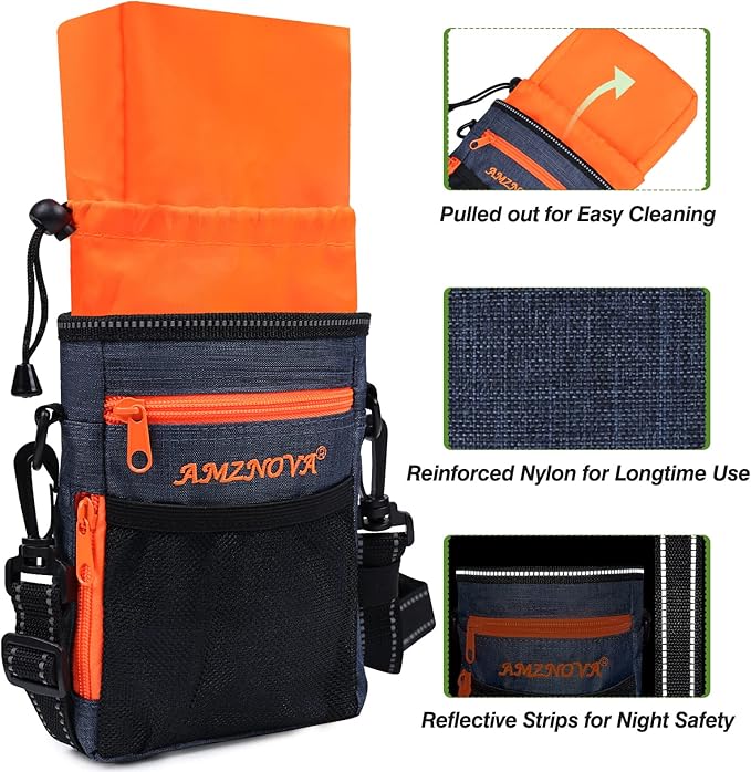 AMZNOVA Dog Treat Bag Treatkit Dog Treat Pouch, Waist Clip On Crossbody Fanny Pack for Pet, Training Pouch with Shoulder Strap & Waist Belt for Walking & Training, 6Cups, Heather Navy