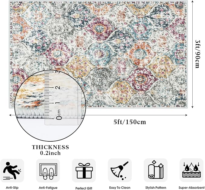 Lahome Moroccan Hallway Rug, 2'5''x8' Kitchen Runner Rugs Non Skid Washable Runners for Hallways, Ultra-Thin Oriental Carpet for Entryway Laundry Room Bedroom Bathroom Elise, Aqua/Multi