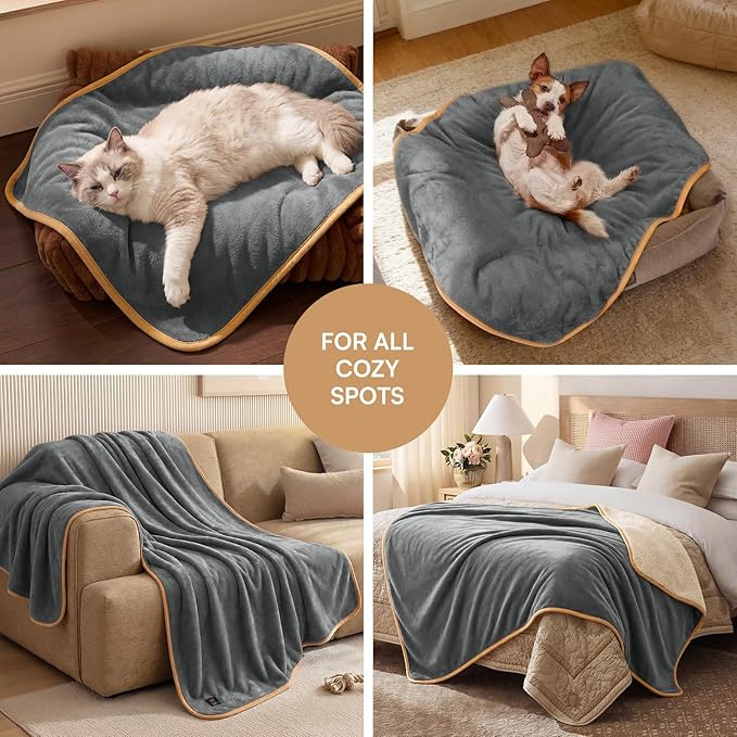 Luciphia Waterproof Blanket for Dog Washable Reversible Sherpa Fleece Throw Blanket for Bed Couch Soft Liquid Pee Proof Furniture Cover Protector for Small Medium Large Pet Cat Grey 85" x 57"