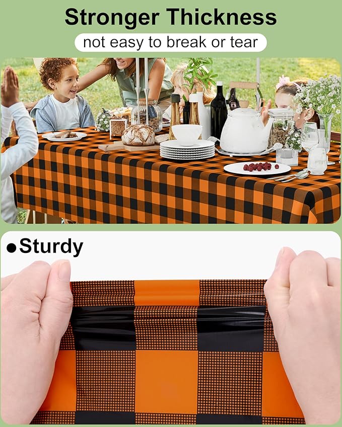 Smiry 8 Packs Gingham Disposable Table Cloth, 54 x 108 Inch Waterproof Plastic Tablecloth, Rectangle Black and Orange Checkered Table Covers for Picnic, Birthday, Party