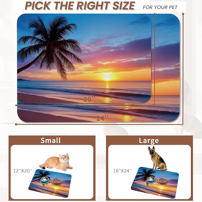 Tropical Palm Pet Feeding Mat,Sunset Trees Sea Beach Absorbent Quick-Dry Cat Dog Food and Water Bowl Mats, Non-Slip Rubber Backing Mat, Cat Dog Accessories Supplies 16"x24"