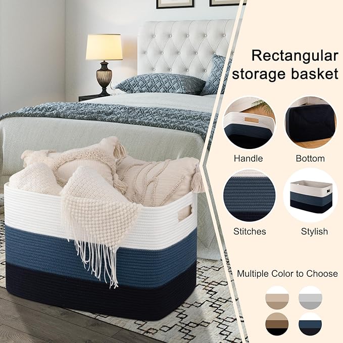 OIAHOMY 118L Extra Large Blanket Basket, Rectangle Woven Cotton Rope Storage Basket,Used for storing Dirty Clothes, Stuffed Animal Toy Storage for Living Room,Kids Room,25" x 17" x 16", Gradient Blue