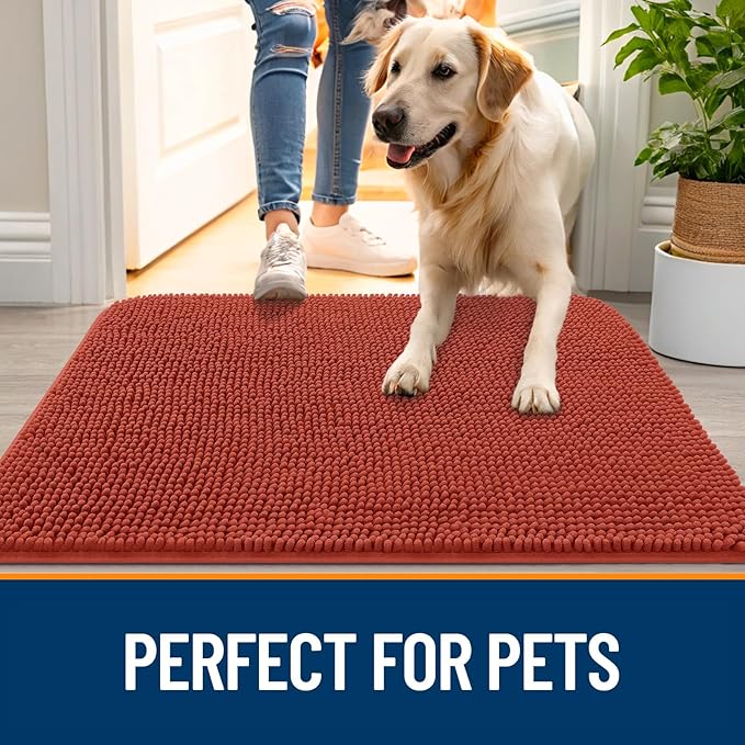 OLANLY Dog Door Mat for Muddy Paws 54x32, Absorbs Moisture and Dirt, Absorbent Non-Slip Washable Doormat, Quick Dry Chenille Mud Mat for Dogs, Entry Indoor Entryway Carpet for Inside Floor, Maple Red