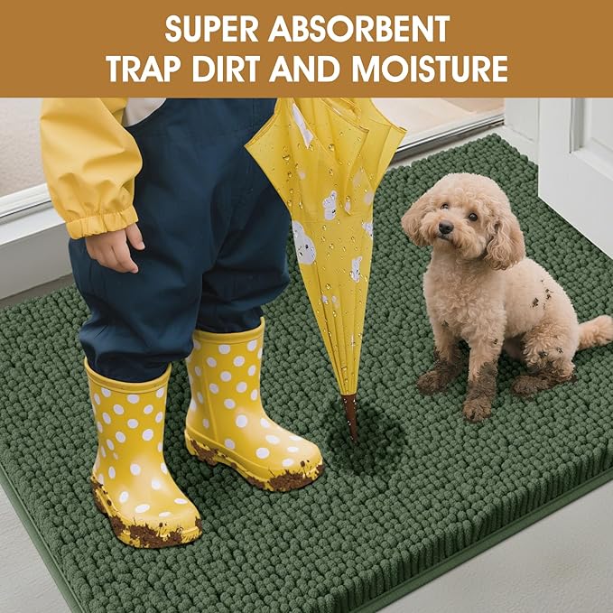 IM HOME Large Dog Door Mats for Muddy Paws, 48" x 30" Chenille Absorbent Mud Mat for Dogs, Non Slip Heavy Dog Rugs for Muddy Paws, Soft Indoor Door Mat for Entryway, Mud Paw, Inside Floor, Olive