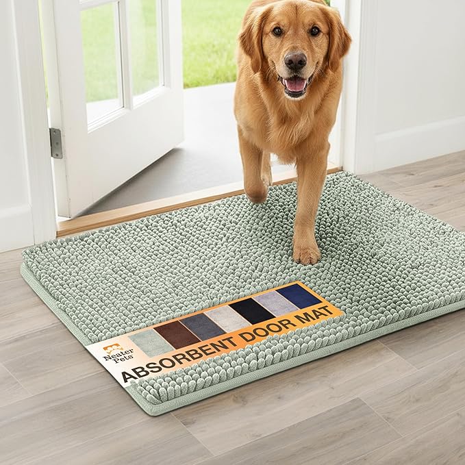 Neater Pets Chenille Dog Door Mat 30” x 20” – Super Absorbent & Quick-Dry Muddy Paws Doormat for Trapping Dirt, Water, Mud - Non-Slip & Machine Washable Pet Rugs for Entryway, Indoor Mud Mats, Green