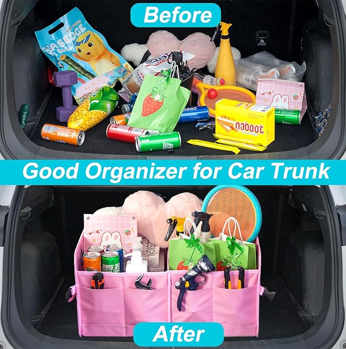 Trunk Organizer For Suv & Sedan,Car Organizers and Storage, Waterproof Collapsible & Adjustable Straps,75L Sturdy Car Organization for Car Accessories, Tools,Sundries,2-3 Compartment（Pink）