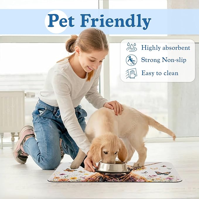 Highland Cow Butterfly Dog Food Mat–Christmas Stocking Absorbent Quick Dry Feeding Placemat for Food and Water Bowls, Non Slip Rubber Backing, Waterproof Pet Supplies for Mess-Free Eating 12"x20"