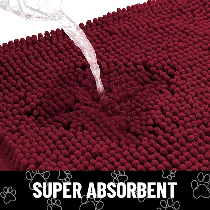 Smiry Dog Door Mat for Muddy Paws, Absorbent Dirt Trapper Non Slip Quick Dry Washable Chenille Mat for Mud Dogs, Entry Rug for Indoor and Outdoor (48x30 Inches, Burgundy and White)
