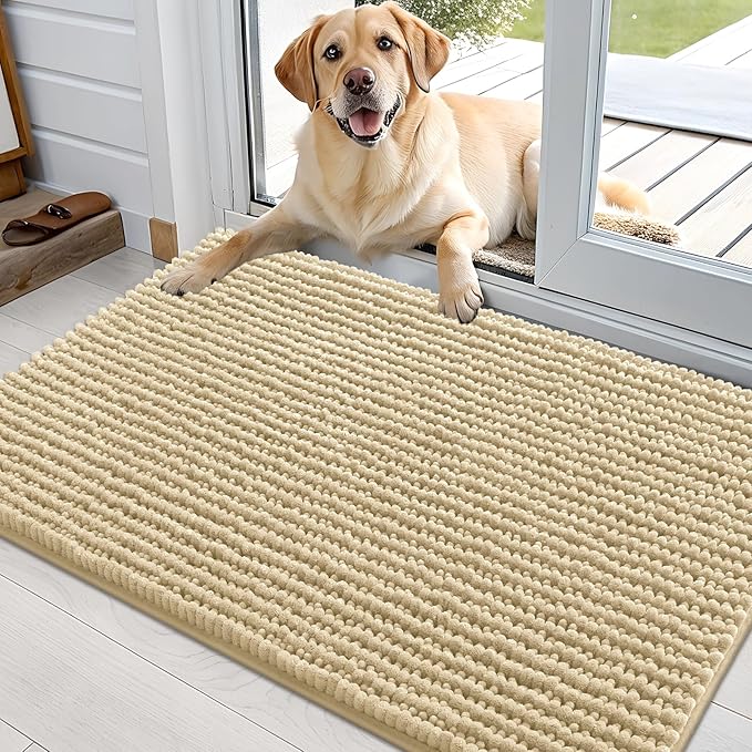 OLANLY Dog Door Mat for Muddy Paws 36x24, Ultra Absorbent Chenille Mud Doormat, Non-Slip Washable and Dirt Trapping Doormat for Indoor Entryway, Quick-Dry Indoor Pet Bed Mats for Dogs, Sand