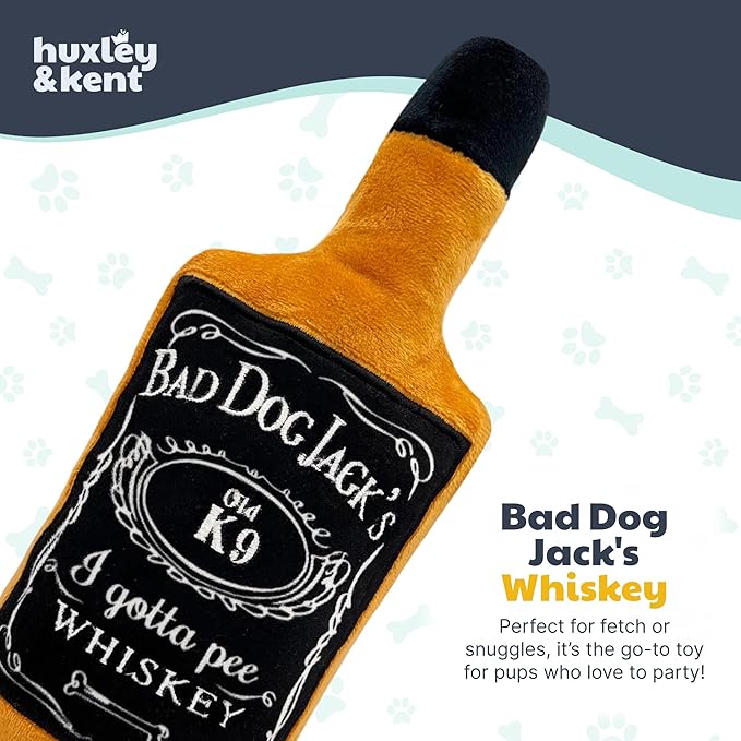 Huxley & Kent Funny Dog Toys w/Squeaker & Crinkle - Stimulating & Interactive Chew Toy for Dogs - Mesh Lined Stuffed Doggie Toy-Easy to Clean Doggie Toys for All Breeds (Bad Dog Jack's Whiskey,Large)