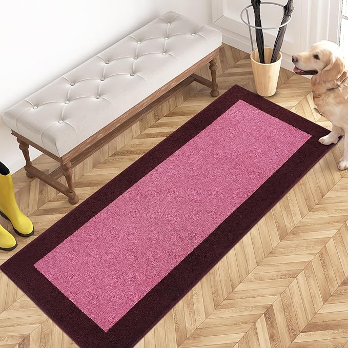 PURRUGS Dirt Trapping Door Mat 24" x 60", Non-Slip Machine Washable Entry Rug, Entrance Mat, Indoor Front Door Mat, Super Absorbent Entryway Rug for Muddy Shoes & Paws, Pink & Burgundy Red