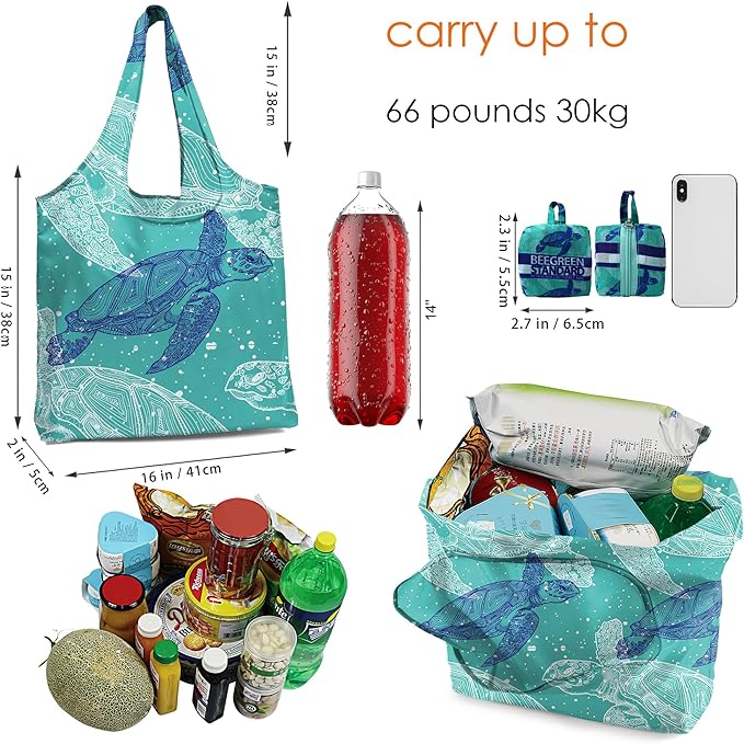 BeeGreen Turtle Reusable-Grocery-Bags-Foldable-Machine-Washable Ocean Reusable-Shopping-Bags Extra Large Reusable Bags Totes 66 Lbs Ultra-Lightweight Polyester Fabric