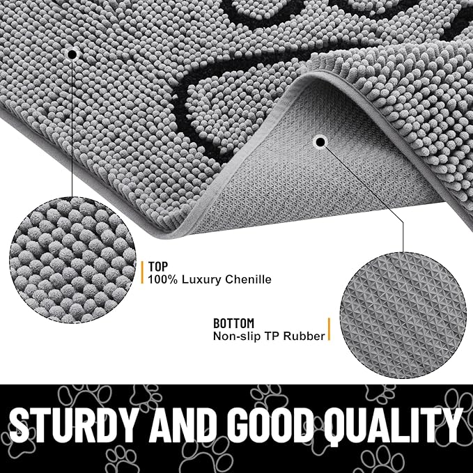 Smiry Dog Door Mat for Muddy Paws, Absorbent Dirt Trapper Non Slip Quick Dry Washable Chenille Mat for Mud Dogs, Entry Rug for Indoor and Outdoor (54x32 Inches, Grey and Black)