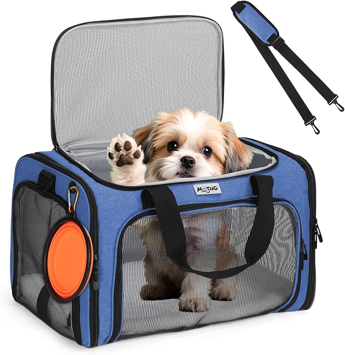 Pet Carrier for Cats & Small Dogs, Travel Carrier with Anti-Collapse Support, Chew Resistant Buckles, Luggage Sleeve, Multi-Pocket Storage, Reversible Mat & Bowl (Blue, Medium (17.5"x11"x11.5"))