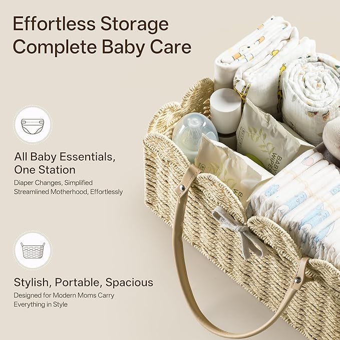 HBlife Large Baby Diaper Caddy, Paper Rope Storage Baskets Nursery Bin with Removable Divider, Portable Car Organizer for Diapers, Baby Shower Gifts, Newborn Essentials Must Haves