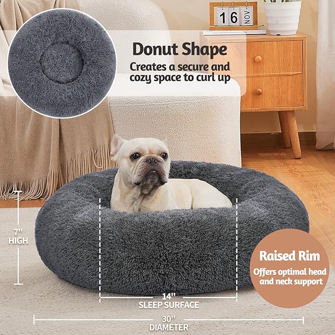 OhGeni Calming Donut Dog Bed Pillow for Medium Pets, Machine Washable Removable Cover, Comfort Plush Fluffy Faux Fur with Anti-Slip Bottom, Cats-Friendly Round Cuddly Design, Gray, 30 inches