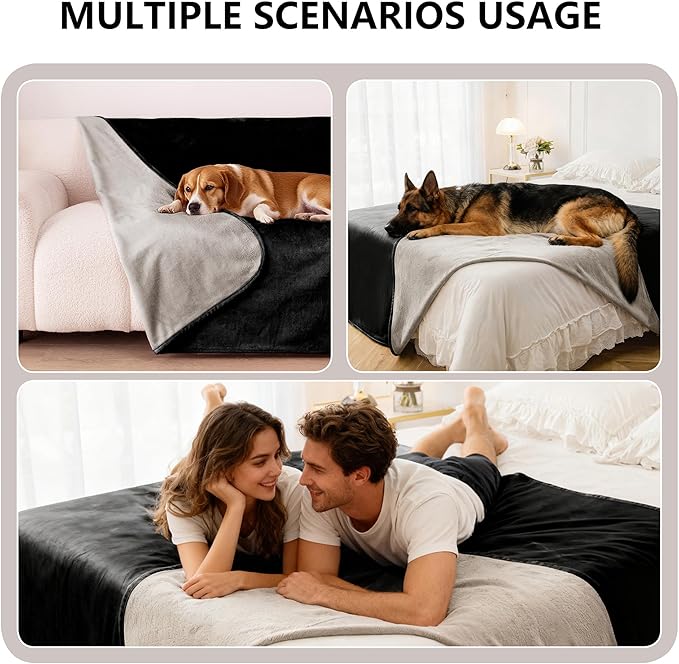 Waterproof Dog Blanket for Couch, Reversible Pet Throw Blankets Leak Proof Sofa Bed Protector for Furniture Machine Washable-68x82,Black+Lightgrey