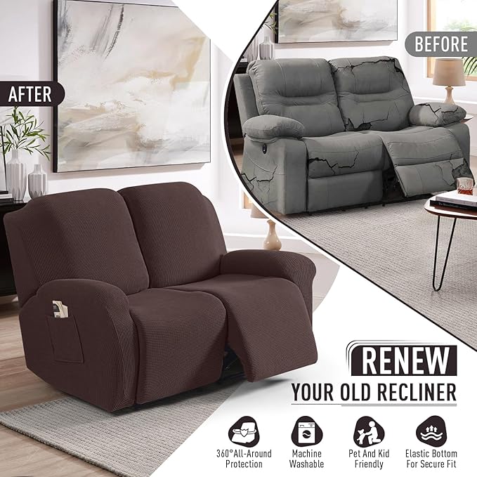 TAOCOCO Recliner Loveseat Slipcover, 6 Pieces Dual Recliner Sofa Covers for 2 Seat Dual Reclining Loveseat Couch, Stretch Soft Jacquard Pattern Furniture Protector with Elasticity (Dark Coffee)