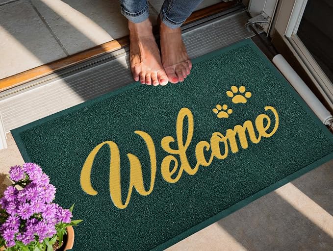 T.HENV Christmas Door Mat Outdoor, 30x17.5 Waterproof All-Season Front Door Mat Outside Entrance, All-Weather Quick Drying, Low Profile Doormat Indoor, Patio Porch Entryway Mats, Green-Gold