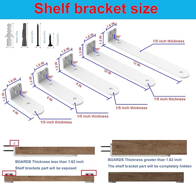 Floating Shelf Bracket, 10 Inch 6PACK White Heavy Duty Shelf Bracket,Hidden Shelf Brackets 1/5 in Thick,L Brackets Support for Shelves,Suitable for Kitchen, Study Or DIY,Holds Over 160lb+