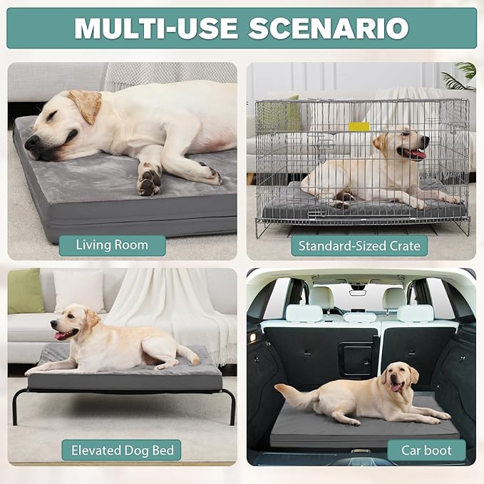 Waterproof XXL Dog Beds Large Sized Dog, Outdoor Washable Crate Pad 48 inch, Jumbo XXLarge Orthopedic Foam Pet Bed with Removable Cover Reversible, Durable Anti-Slip Kennel Pad, 47"x29", Gray