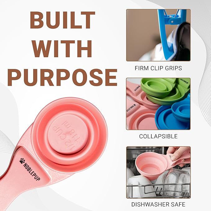 MeasureMate Pet Food Scoops with Bag Clip for Dog and Cat - 3-in-1 Multi-Function Collapsible Food Measuring Cup - 1/2 Cup Capacity, 4oz, Pink - Dishwasher Safe