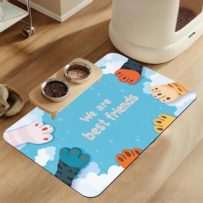 Cat Paw Pet Feeding Mat–Quick Dry Absorbent Dog Cat Food Mat, Non Slip Waterproof Bowl Placemat for Messy Eaters, Pet Accessories for Floors 16"x24"