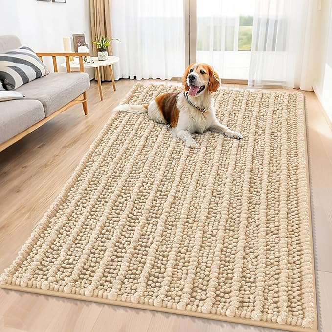 Smiry Dog Door Mat for Muddy Paws 59x35, Extra Soft Absorbent Chenille Doormat, Trap Moisture and Dirt, Non-Slip Machine Washable Front Door Mat for Indoor Entrance Inside Floor, Beige