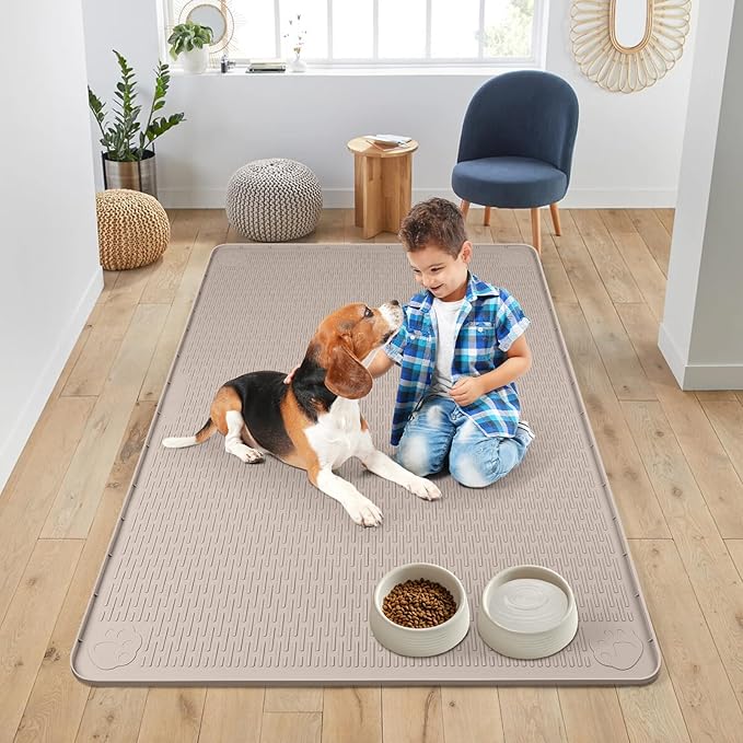 Bartuke Dog Food Mat, Extra Large 50" x 35" Silicone Pet Feeding Mat with Raised Edge Pet Placemat for Small, Medium, and Large Pets Non-Slip, Easy to Clean (Khaki)