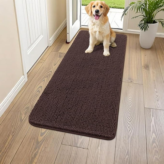 Smiry Dog Door Mat for Muddy Paws 47x17, Absorbs Moisture and Dirt Doormat, Non-Slip Washable Quick Dry Chenille Front Door Mat Indoor Entrance, Entryway Carpet for Inside Floor, Brown