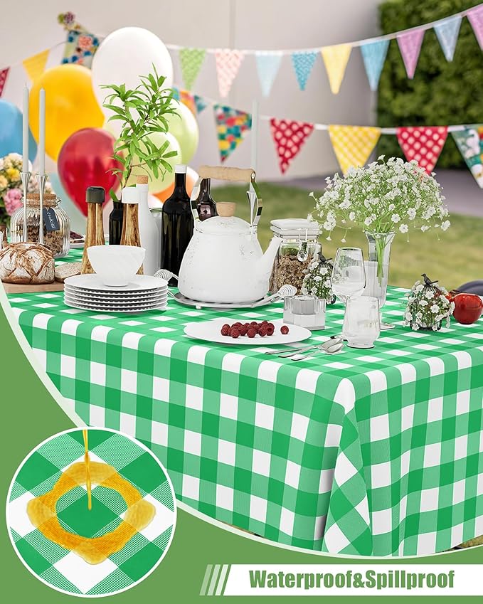 Smiry 12 Packs Gingham Disposable Table Cloth, 54 x 108 Inch Waterproof Plastic Tablecloth, Rectangle Green and White Checkered Table Covers for Picnic, Birthday, Party