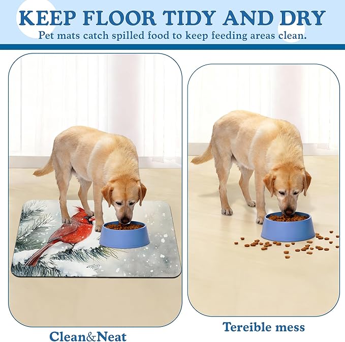 Cardinal Bird Dog Food Mat–Chirstmas Snow Absorbent Quick Dry Feeding Placemat for Food and Water Bowls, Non Slip Rubber Backing, Waterproof Pet Supplies for Mess-Free Eating 12"x20"