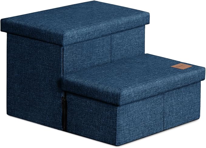 Love's cabin Dog Stairs with Storage 13" H,Foldable Pet Stairs for Small Medium or Large Dogs,Cat Puppy Steps Ramp with Zip up to 150 lbs(Navy Blue,2 Steps no Condo)