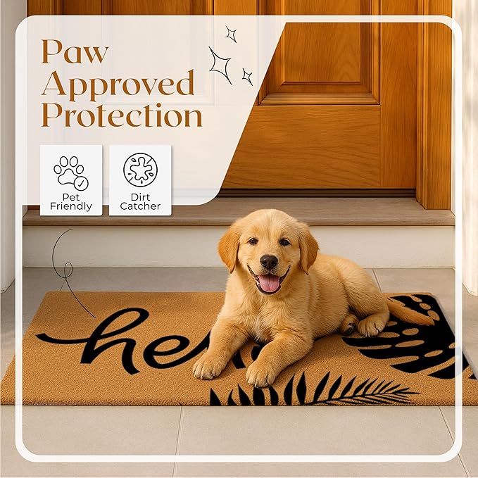 COCONIQ Coir Door Mats 17" X 30", Non-Slip Sturdy, PVC Backed Heavy Duty, Easy to Clean, Ideal for Door Entrance, Patio, Porch, Backyard, Garages, Hello - Black Leaves