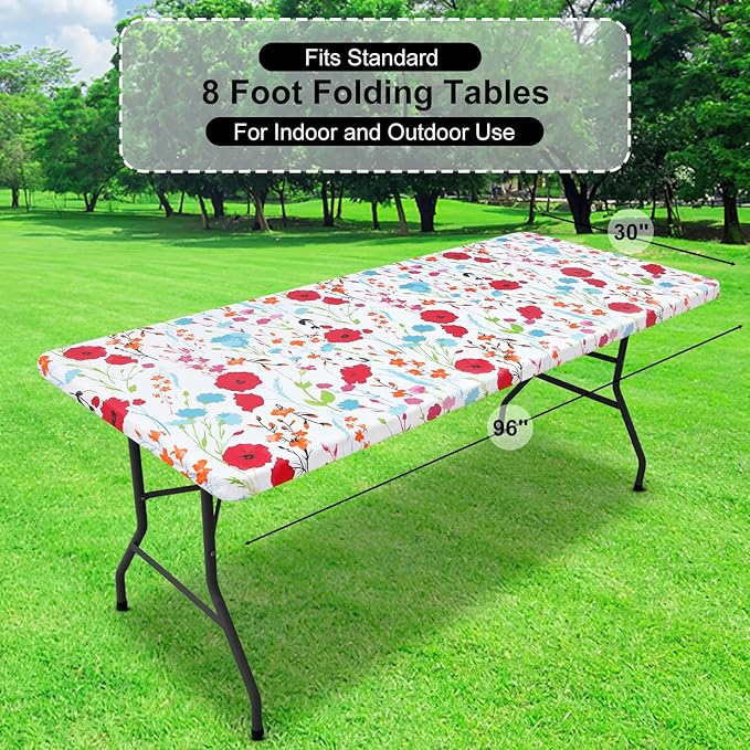 misaya Rectangle Vinyl Tablecloth, Fitted Table Cover, 100% Waterproof, Elastic Edge, Flannel Backing, Plastic Table Cloth Fit 8 Foot Folding Tables for Picnic, Camping, Outdoor (Flowers, 30x96 inch)
