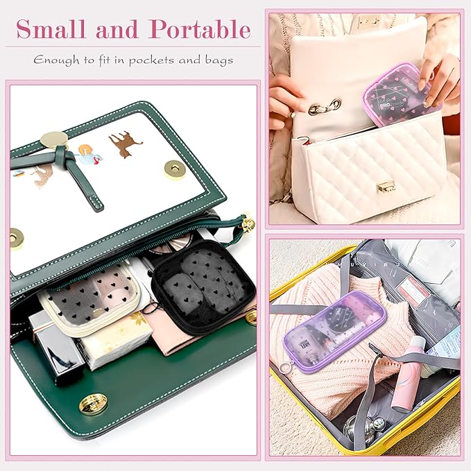 4 Pieces Mini Zipper Nylon Mesh Pouch, Mesh Cosmetic Bags Makeup Bags, Multipurpose Travel Toiletry Bags for Office Supplies and Travel Accessories (Heart Print-Pink, M)